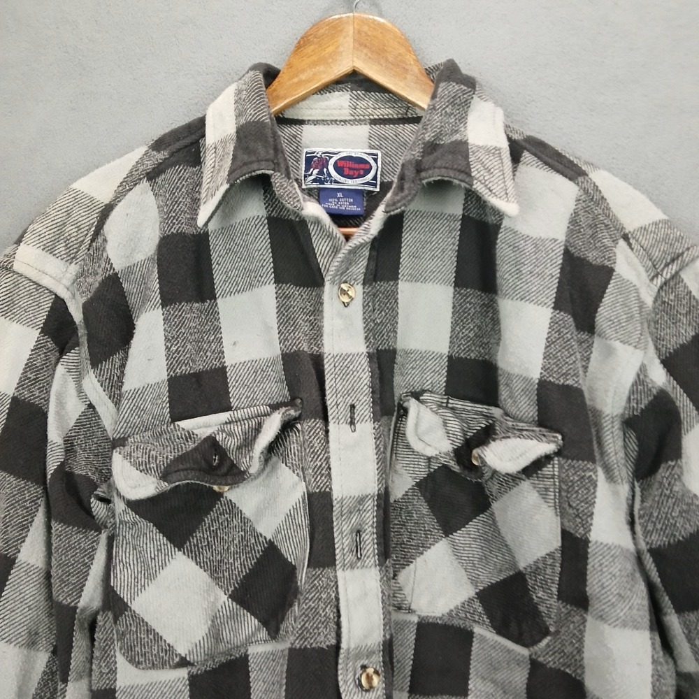Williams Bay Flannel Shirt Mens Light Gray Black Plaid‎ Chest Pocket Button Up - Picture 2 of 8